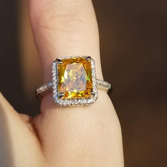 🆕S925-6.28CT Yellow Citrine/White Sapphire Ring 9 - Picture 10 of 12